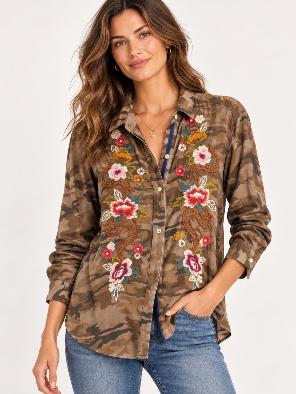 Johnny Was Workshop Esmeralda Handkerchief Bolero Camo Embroidered Button-Down L